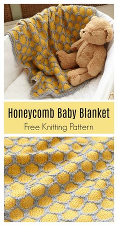 a crocheted baby blanket with a teddy bear on it and the words, honeycomb baby blanket free knitting pattern