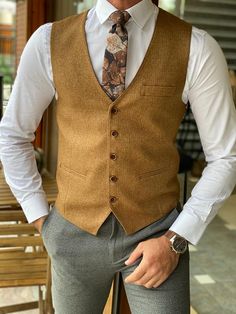 Vest Material: 25% Wool, 40% Viscose, 30% Pes, 5% Elestan Machine Washable: No Fitting: Slim-Fit Package Include: Vest Only DRY CLEAN ONLY Vest Outfits Men, Office Attire Women, Blazer Outfits Men, Mens Waistcoat, Men's Waistcoat, Mens Suit Vest, Mens Fashion Wear, Brown Vest, Suits Clothing