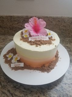 a birthday cake decorated with flowers and dirt on a countertop in front of a wall