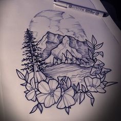 a pencil drawing of mountains and flowers