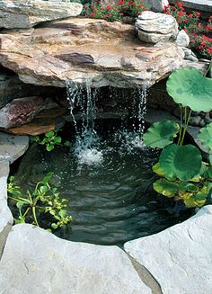 a small pond surrounded by rocks and water lilies