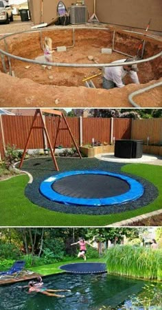 an image of a backyard with a trampoline in the middle and other things on it