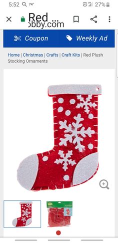 a red christmas stocking with white snowflakes on it and the text, red baby socks coupon