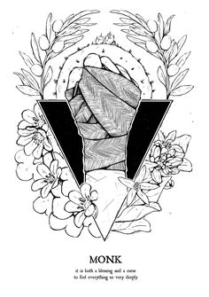 a black and white drawing of a diamond surrounded by flowers with the words monk on it