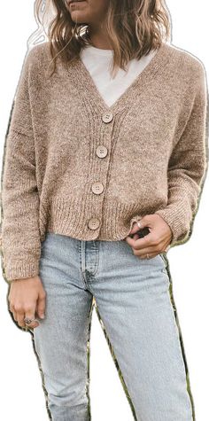 Casual Brown Knitting Pattern For Fall, Hand Knitted V-neck Sweater For Fall, Brown Knitted Casual Cardigan, Beige Knitted Cardigan For Fall, Brown Knit Casual Cardigan, Casual Brown Knitted Cardigan, Cozy V-neck Knitted Cardigan, Fall V-neck Knitted Sweater, Hand Knitted V-neck Cardigan