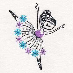 the embroidery design shows a ballerina with flowers in her skirt and holding an arrow