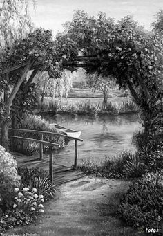 a black and white drawing of a park bench near a river with trees on either side