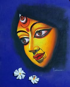 Maa Durga face drawing with soft pastel colours.. pujo asche drawing Durga Maa Oil Pastel Drawing, Durga Maa Paintings Face, Durga Maa Paintings Bengali, Durga Painting Canvases, Mataji Drawing, Durga Face Painting, Durga Painting Artworks, Durga Maa Art