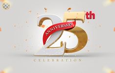 the 25th anniversary celebration logo is shown in gold and silver with red ribbon on it