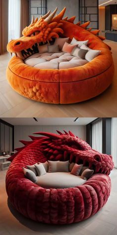 two pictures of a dragon bed in the middle and on the right, there is a couch that looks like it's made out of fabric