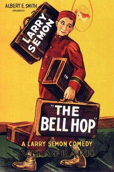 an advertisement for the bellhop with a man carrying suitcases on his shoulders and wearing a red uniform