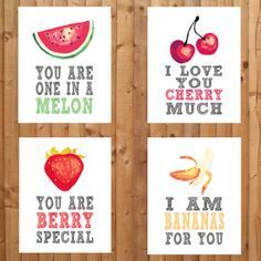 four watermelon cards with the words you are in a melon, i love cherry munch and i am bananas for you