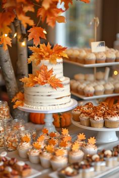 there are many cupcakes and cakes on the table with autumn leaves around them