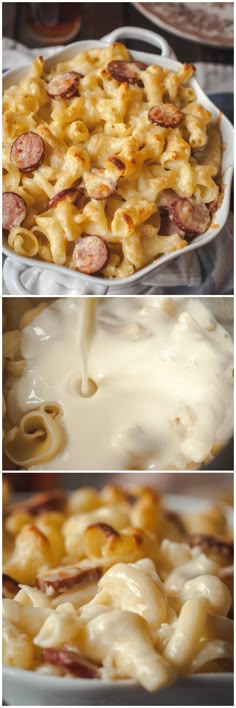 three different pictures of macaroni and cheese being poured into a pot with milk