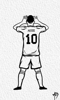 a black and white drawing of a soccer player with his hands on his head, looking down