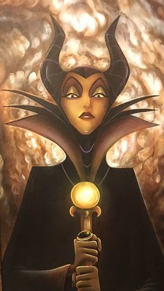 a painting of an evil queen holding a golden ball in her hand and looking at the viewer