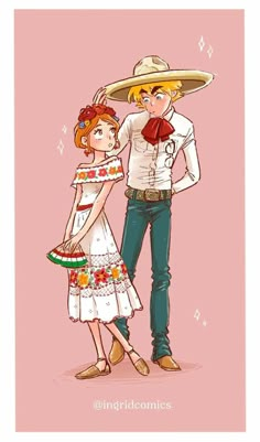 a drawing of a man and woman dressed in mexican attire, standing next to each other