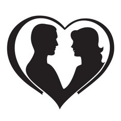 the silhouette of two people in a heart shaped frame, with one man and woman facing each other