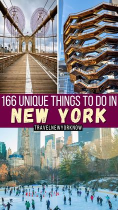 the new york city skyline and skating rink with text overlay that reads, 16 unique things to do in new york