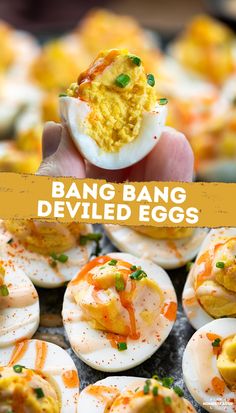 a hand holding an egg with deviled eggs on it and the words bang bang deviled eggs