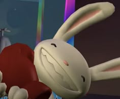 an animated rabbit is laying down on the ground