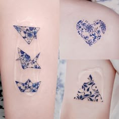 two tattoos with blue designs on them and one has an origami bird in the middle