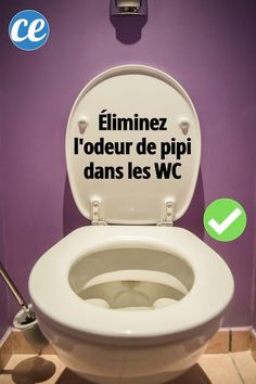 a white toilet with the lid up in a purple bathroom stall that says, eliiminez l 'odeur de pipi dans les wc