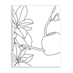 a line drawing of an apple on a branch with leaves and flowers in the background