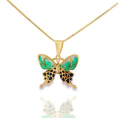 Embrace the beauty of nature with our exquisite Black, Green, and White  Butterfly Hand-Painted Pendant. This captivating piece of wearable art captures the elegance and grace of a butterfly in vibrant shades of Black, Green, and White  Product Specifications:  * Material: 14k Solid Gold, hallmarked 14K or 585 for authenticity * Length: 21mm / 0.82in * Height: 18mm / 0.71in  Delivery:  * Ready to ship in 1 business day. * Delivers in 1 to 5 days depending on location and delivery option. * Retur 3d Necklace, Hand Painted Pendant, Hand Painted Necklace, Italy Gift, Gold Animals, Gold Sign, Insect Jewelry, Gold Butterfly, Expensive Jewelry