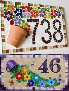 two pictures with numbers and flowers on them