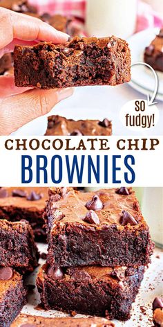 chocolate chip brownies are stacked on top of each other and the words, so fudge