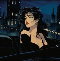 a woman sitting in the back of a car with dark hair and red lipstick on