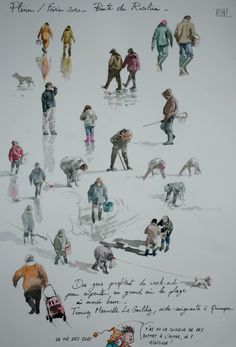 this is a drawing of people walking in the snow