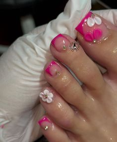 Pink Pedicure French Tip, Pedicure Designs Toenails 2024, Acrylic Toes Tutorial, Gel X Toe Nails, Hibiscus Toe Nails, French Pedicure Pink, Summer Acrylic Toes, Acrylic Toe Ideas, Toe Design Ideas