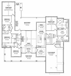 House Plan 9074 is a spacious farmhouse ranch with 3,620 square feet, 4 bedrooms, 3.5 bathrooms, a game room, an office, and a bonus.: PDF Bedroom Farmhouse Style, Single Story Farmhouse, 4 Bedroom Farmhouse, One Floor House Plans, 3 Bedroom Floor Plan, 5 Bedroom House Plans, Floor Plans Ranch, Bedroom Farmhouse