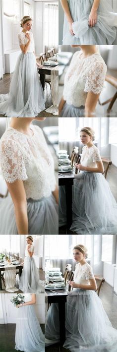 Custom Lace and Tulle Two Pieces Dresses, Wedding dresses, Rehearsal Dinner Dress Gonna In Tulle, Two Piece Wedding Dress, Floor Length Wedding Dress, Dresses Tulle, Dark Wedding, בר מצווה, Lace Prom Dress, Piece Prom Dress, A Wedding Dress