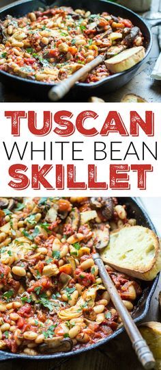 a skillet filled with pasta and beans, topped with parmesan bread on the side