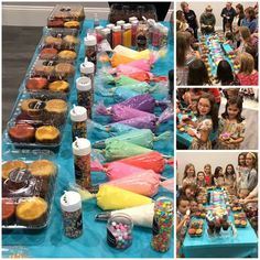 there are many different pictures of people at the table with donuts and cupcakes