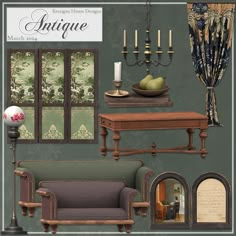 an antique living room with green walls and wood furniture, including couches, tables, candles