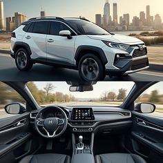 the front and back view of a white suv driving down a highway with city buildings in the background