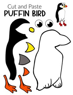 a penguin and bird cut out with the words cut and paste puffin bird