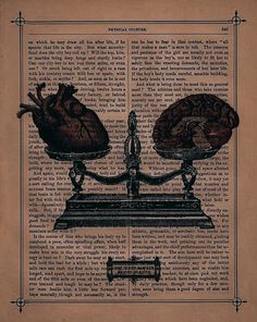 an old book page with two halves of the same human heart on top of a scale