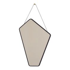 a white and black hanging light fixture with a metal frame on the side, against a white background