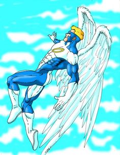 an angel is flying through the air with his wings spread out and one hand on his hip