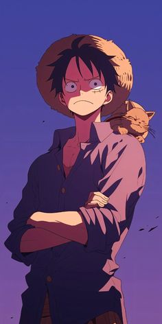 an anime character with a cat on his shoulder