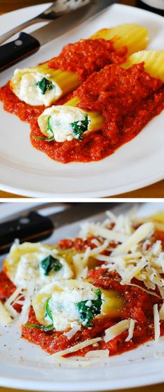 two plates with different types of food on them and one has pasta, spinach and cheese