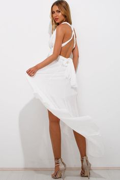 Flowy maxi dress.Thick straps worn multiple ways.Low hidden back zip.Lined to above knee.Scalloped low high hemline.Lined.Polyester. Dress Thick Straps, Maxi Dress White, Flowy Maxi Dress, White Maxi Dresses, Above Knee, Dress White, White Dress, Maxi Dress, White