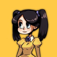 a cartoon girl with long black hair wearing a yellow dress and holding a flower in her hand