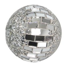 a glass ball with silver and black squares on the outside, sitting in front of a white background