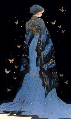 a woman in a blue dress with butterflies flying around her